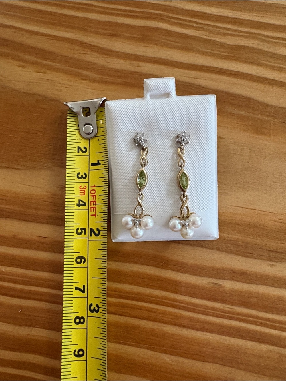 Delicate 10k Gold Pearl Drop Earrings with Peridot and Diamond Accents
